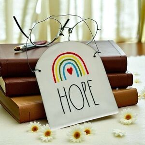 Rae Dunn Hope Rainbow Wall Plaque Ceramic Hanging Sign Decor